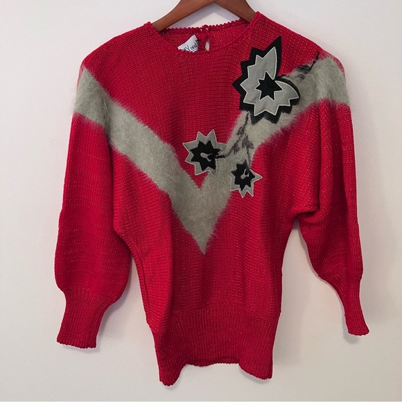 Sweaters - VTG 80s Style Red Women’s Sz. S  Puff Sleeve Sweater Fur Appliqué Stars Sequins